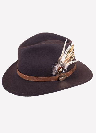 Hicks & Brown Suffolk Fedora in Dark Brown (Guinea and Pheasant Feather)